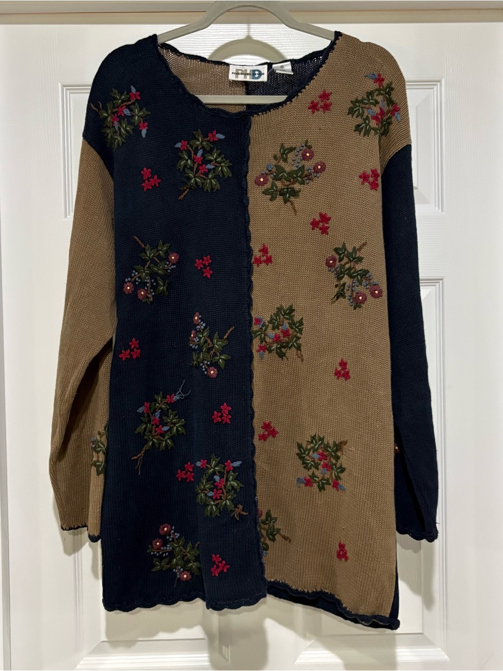 Two-Tone Navy and Tan Embroidered Floral Crewneck Sweater